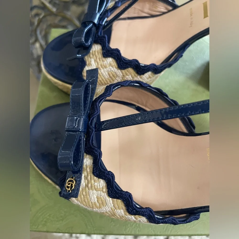 Gucci Natural/Royal Kertu Rafia GG Platform Heels 41.5 - Picture 9 of 12